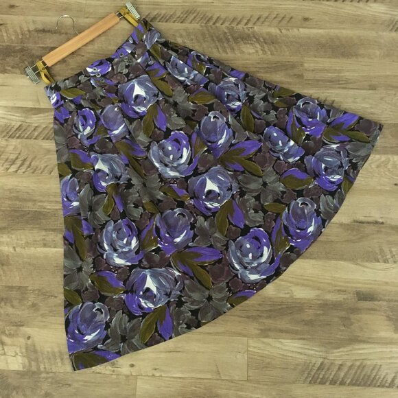 Vintage 80s Union Made Purple Rose Button Waist Pleated Midi Skirt - Picture 8 of 14